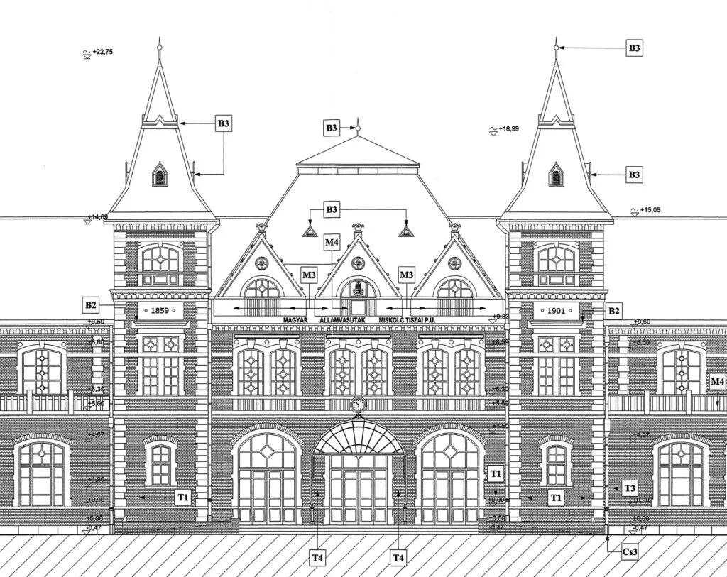 Jellegrajz, homlokzati rajz, tervrajz Miskolc Tiszai Pályaudvar